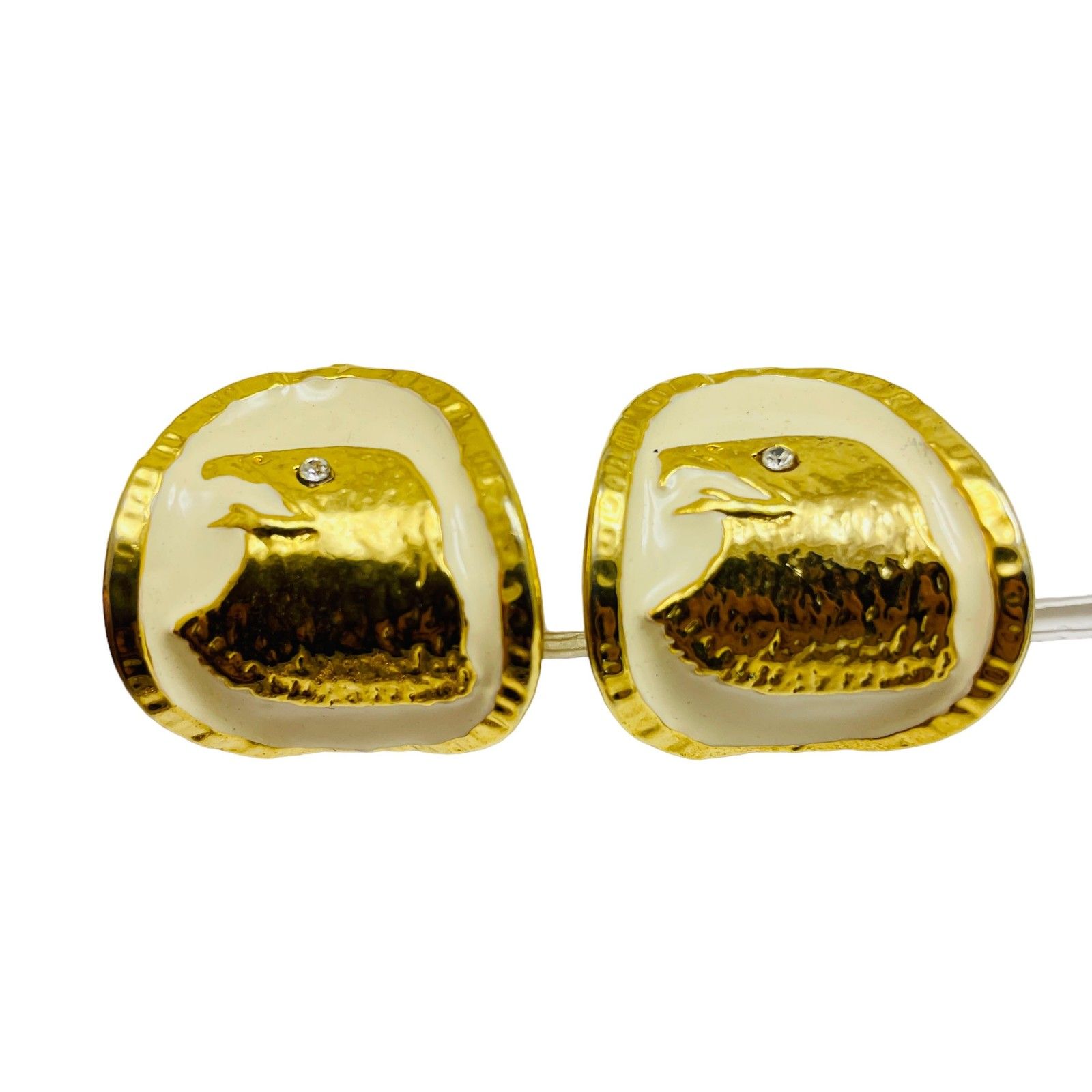 Vintage Gold Tone Enamel Eagle Rhinestone Eyes Designer Clip On Earrings